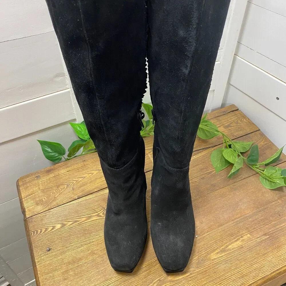 Nine West Over The Knee BLACK SUEDE Leather Fringe Stiletto Heels Boots 7 1/2